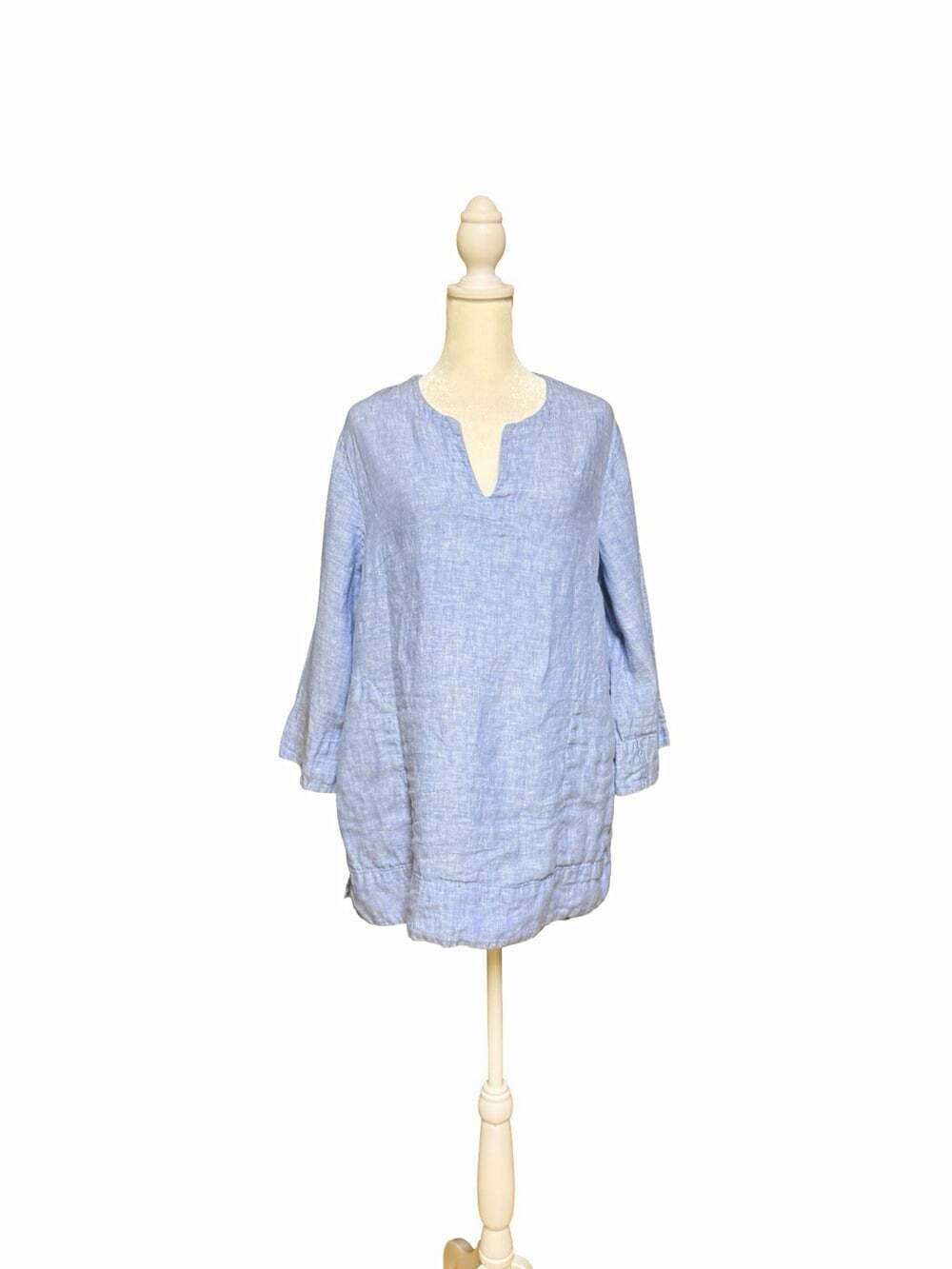 Lands' End Blue Linen V-Neck 3/4 Sleeve Pullover Blouse Top Size M